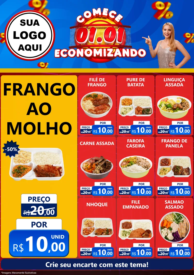 Modelo de Encarte para Encarte A4 Vertical com o tema Comece 1º de Janeiro Economizando para Restaurante