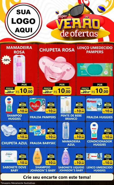 Modelo de Encarte para Encarte Grande com o tema Super Verão de Ofertas para Bebês