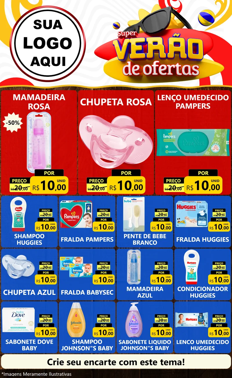 Modelo de Encarte para Encarte Grande com o tema Super Verão de Ofertas para Bebês