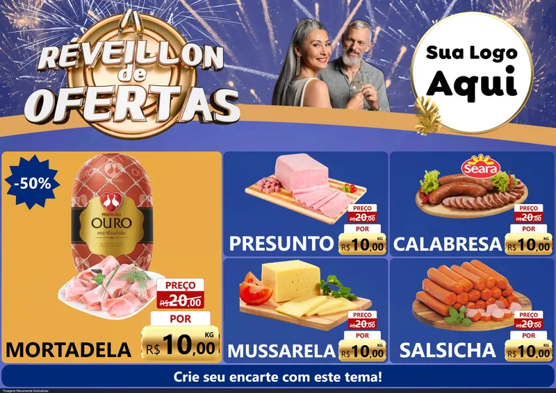 Modelo de Encarte para Encarte A4 Horizontal com o tema Réveillon de Ofertas para Frios e Laticínios