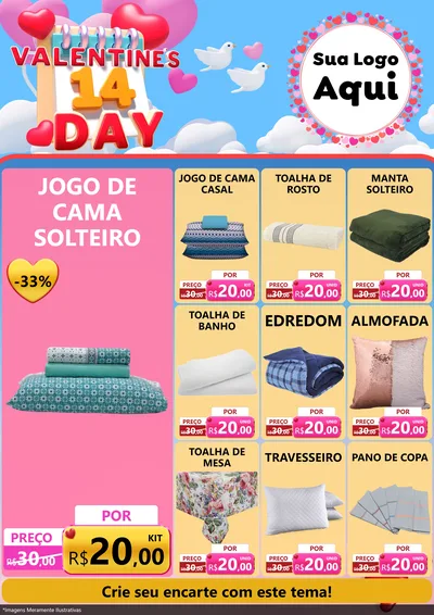Modelo de Encarte para Encarte A4 Vertical com o tema Valentine's Day para Cama, Mesa e Banho