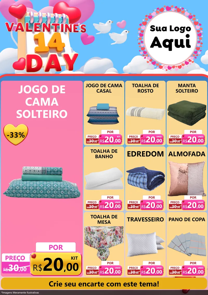 Modelo de Encarte para Encarte A4 Vertical com o tema Valentine's Day para Cama, Mesa e Banho