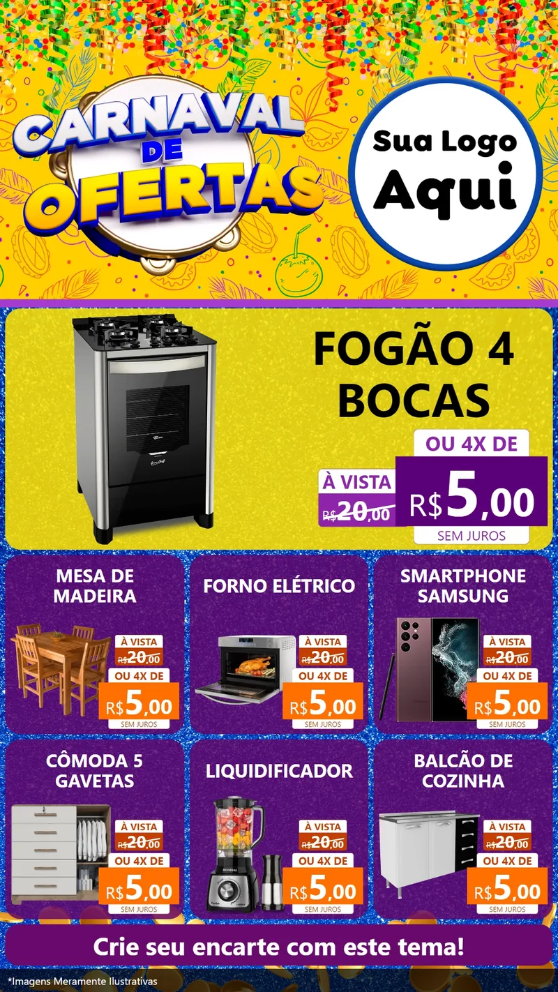 Modelo de Rede Social para Stories com o tema Carnaval de Ofertas para Móveis e Eletro