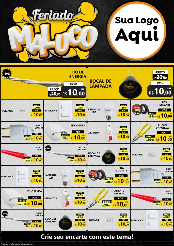 Modelo de Encarte para Encarte A4 Vertical com o tema Feriado Maluco para Materiais Elétricos