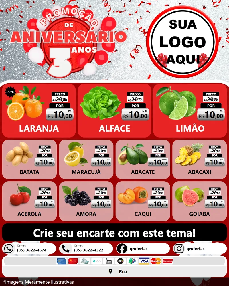 Modelo de Rede Social para Feed Instagram com o tema Promoção de Aniversário - 3 Anos para Hortifrúti