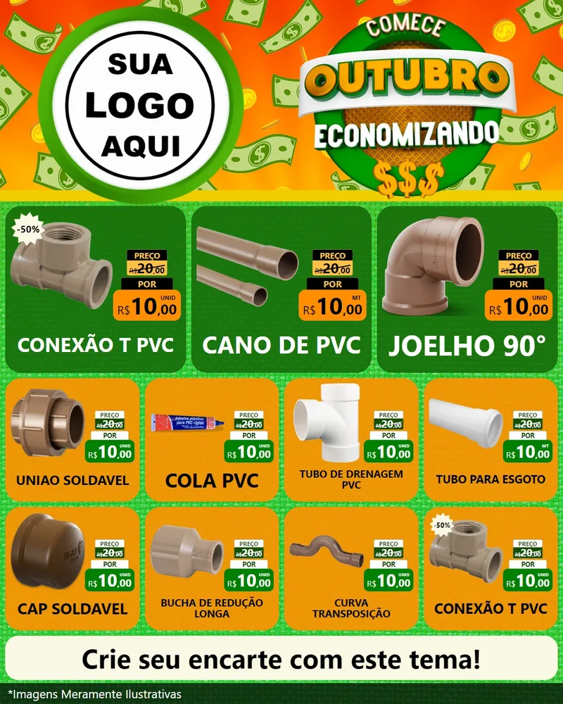Modelo de Rede Social para Feed Instagram com o tema Comece Outubro Economizando para Tubos e conexões