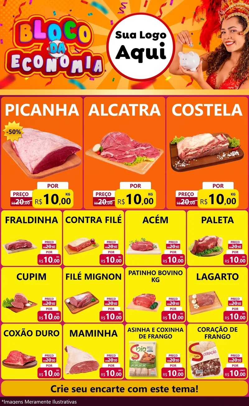 Modelo de Encarte para Encarte Grande com o tema Bloco da Economia para Açougue