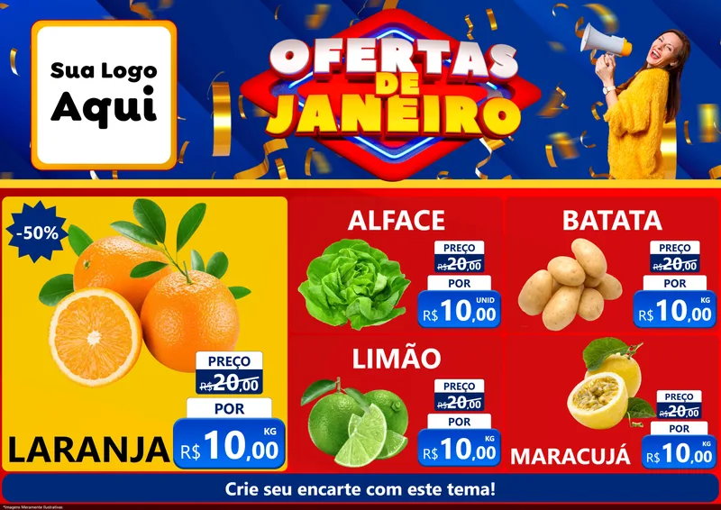 Modelo de Encarte para Encarte A4 Horizontal com o tema Ofertas de Janeiro para Hortifrúti