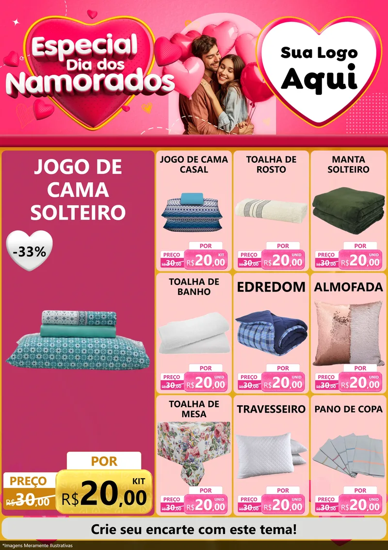 Modelo de Encarte para Encarte A4 Vertical com o tema Especial Dia dos Namorados para Cama, Mesa e Banho