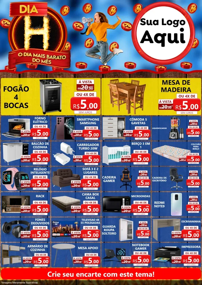 Modelo de Encarte para Encarte A4 Vertical com o tema Dia H - O Dia Mais Barato Do Mês para Móveis e Eletro