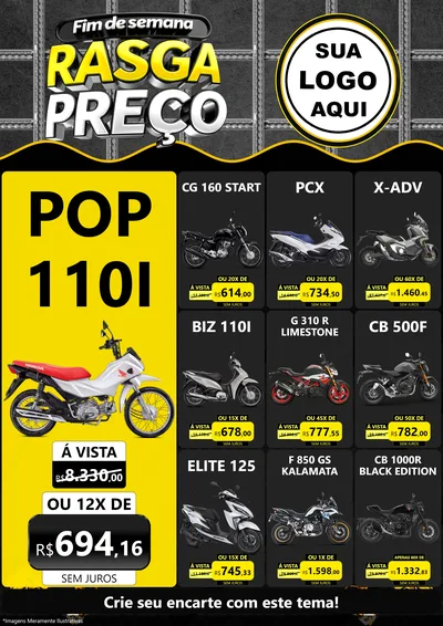 Modelo de Encarte para Encarte A4 Vertical com o tema Fim de Semana Rasga Preço para Concessionaria de Motos