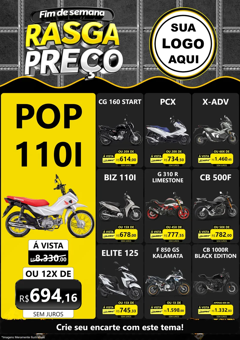 Modelo de Encarte para Encarte A4 Vertical com o tema Fim de Semana Rasga Preço para Concessionaria de Motos