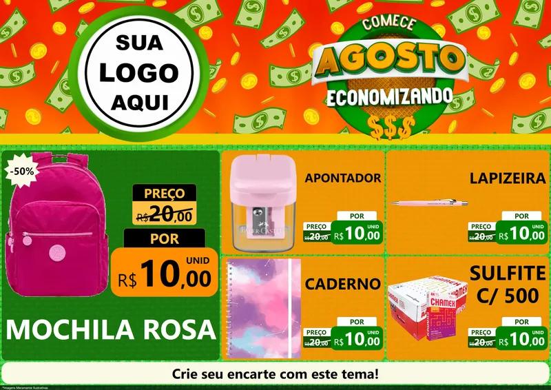 Modelo de Encarte para Encarte A4 Horizontal com o tema Comece Agosto Economizando para Papelaria