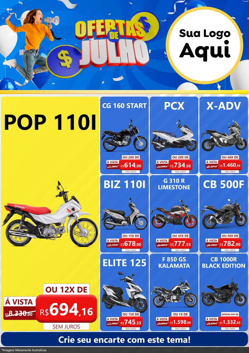 Modelo de Encarte para Encarte A4 Vertical com o tema Ofertas de Julho para Concessionaria de Motos
