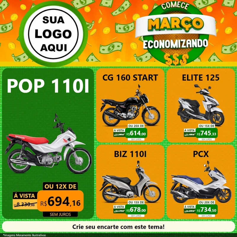 Modelo de Rede Social para Feed Facebook com o tema Comece Março Economizando para Concessionaria de Motos