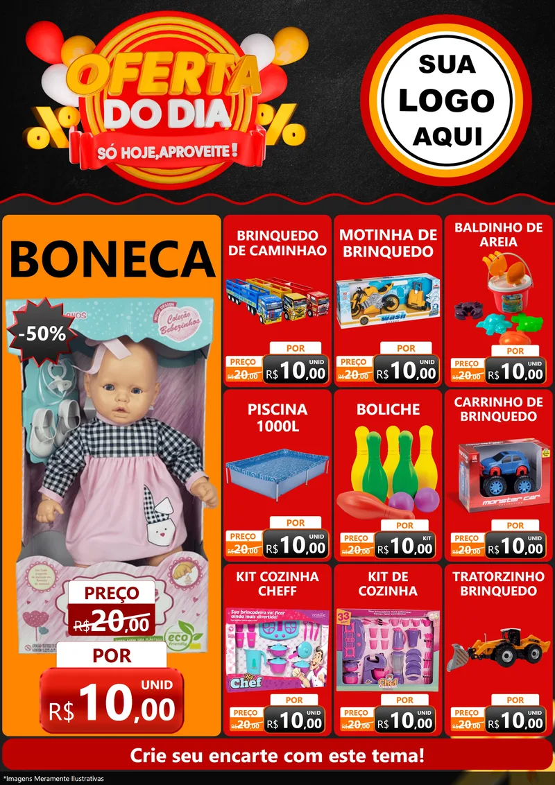 Modelo de Encarte para Encarte A4 Vertical com o tema Oferta do Dia - Só hoje, Aproveite! para Brinquedos