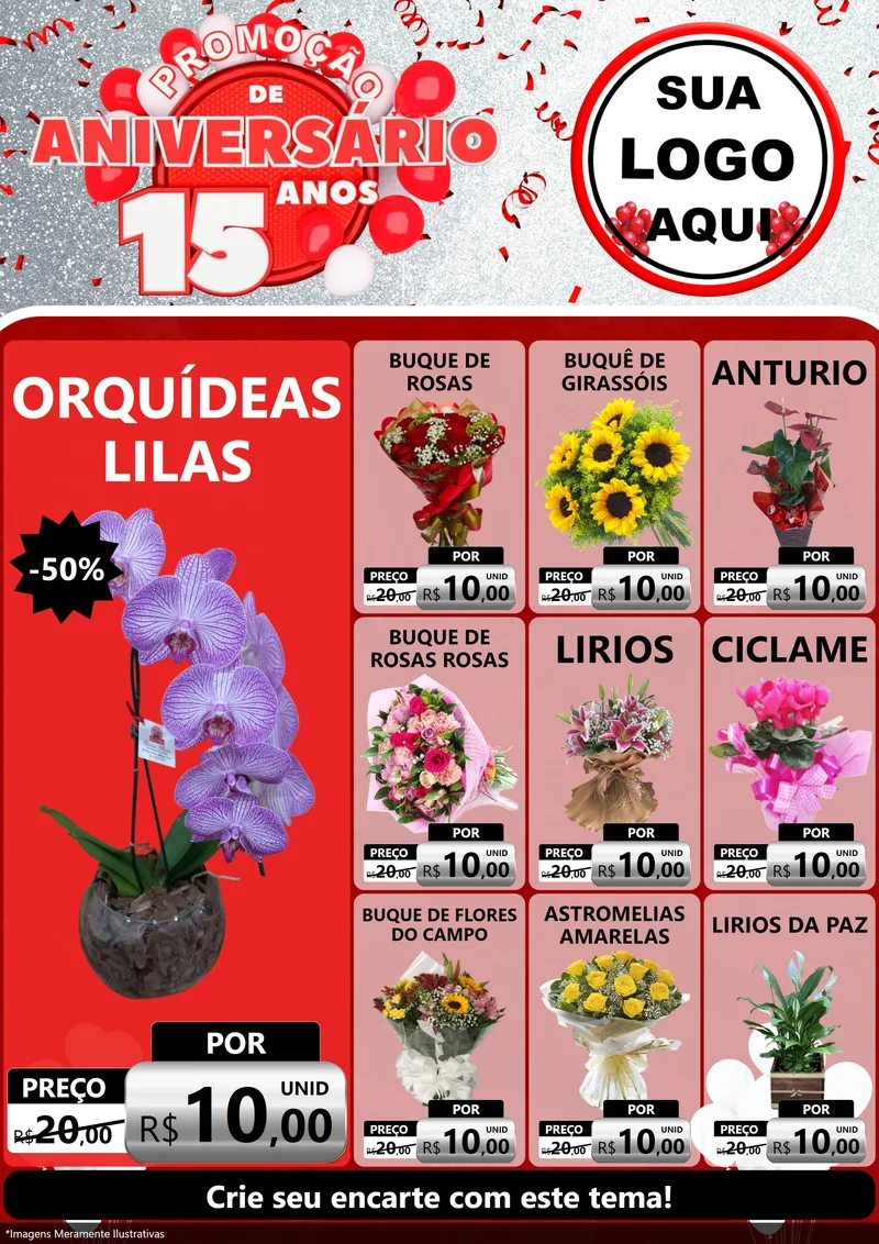 Modelo de Encarte para Encarte A4 Vertical com o tema Promoção de Aniversário - 15 Anos para Floricultura e jardim