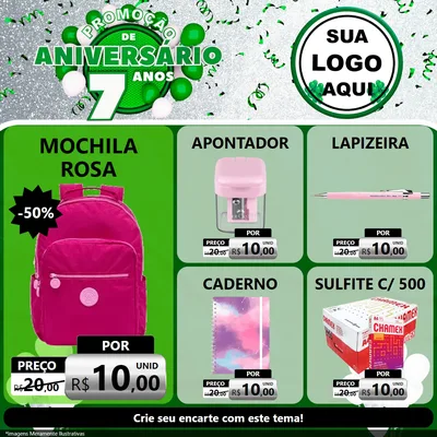Modelo de Rede Social para Feed Facebook com o tema Promoção de Aniversário - 7 Anos para Papelaria