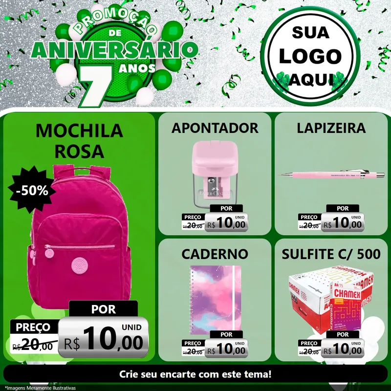 Modelo de Rede Social para Feed Facebook com o tema Promoção de Aniversário - 7 Anos para Papelaria