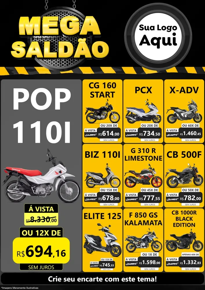 Modelo de Encarte para Encarte A4 Vertical com o tema Mega Saldão para Concessionaria de Motos