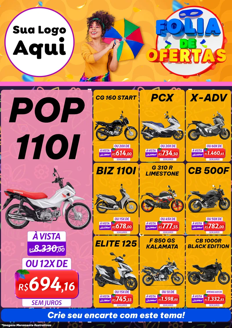 Modelo de Encarte para Encarte A4 Vertical com o tema Folia de Ofertas para Concessionaria de Motos