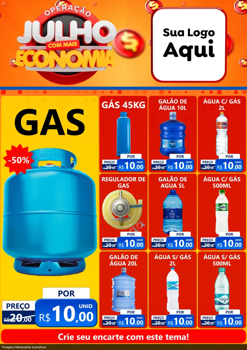 Modelo de Encarte para Encarte A4 Vertical com o tema Operação Julho Com Mais Economia para Água e gás