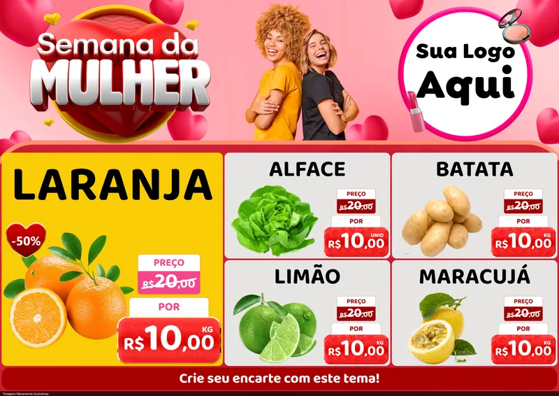 Modelo de Encarte para Encarte A4 Horizontal com o tema Semana da Mulher para Hortifrúti