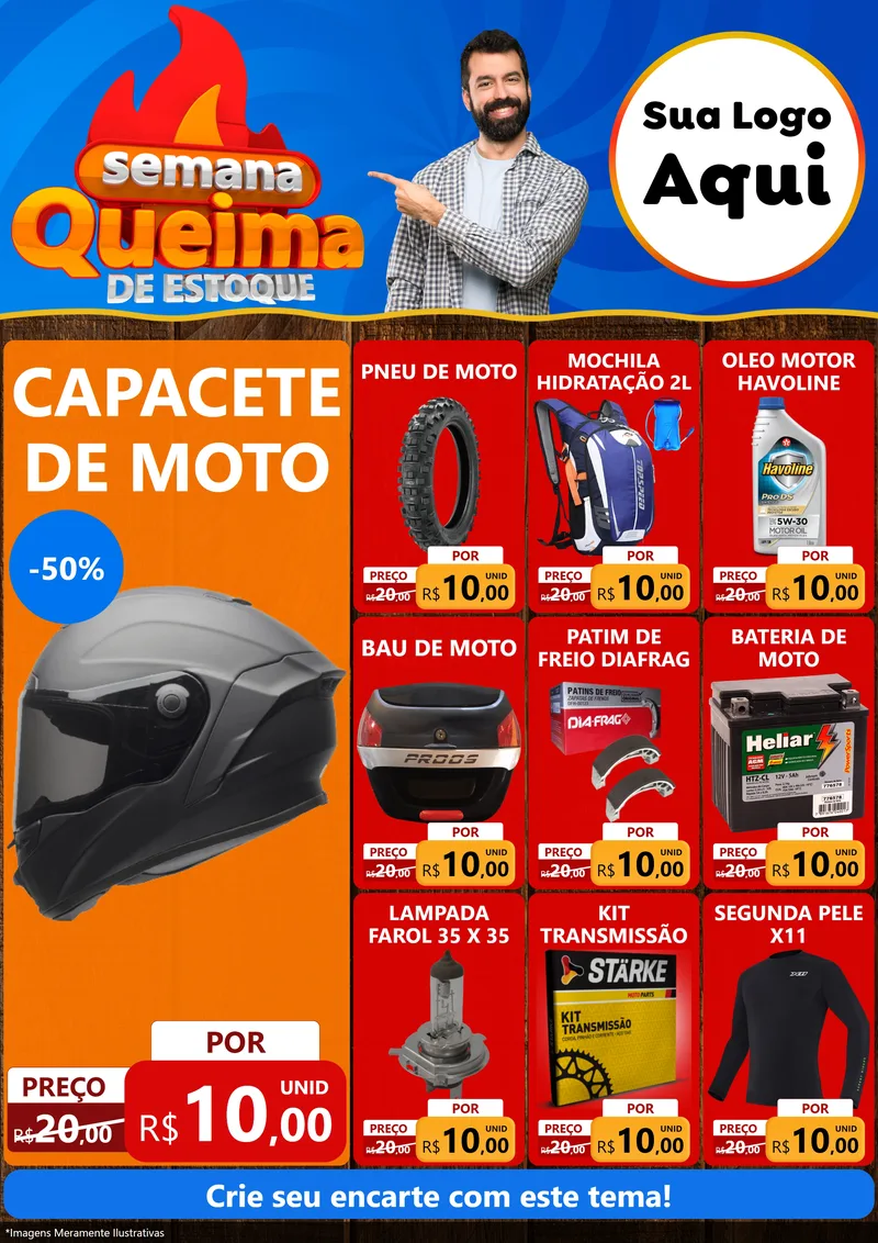 Modelo de Encarte para Encarte A4 Vertical com o tema Semana Queima de Estoque para Moto peças