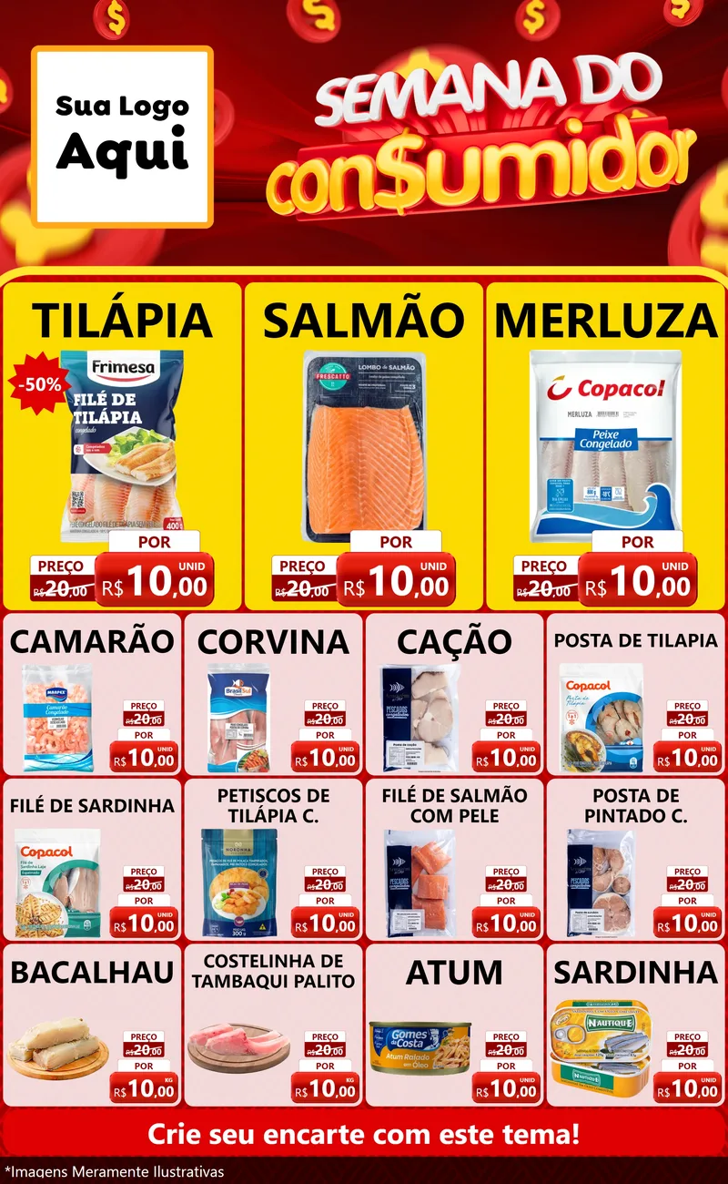 Modelo de Encarte para Encarte Grande com o tema Semana do Consumidor para Peixaria