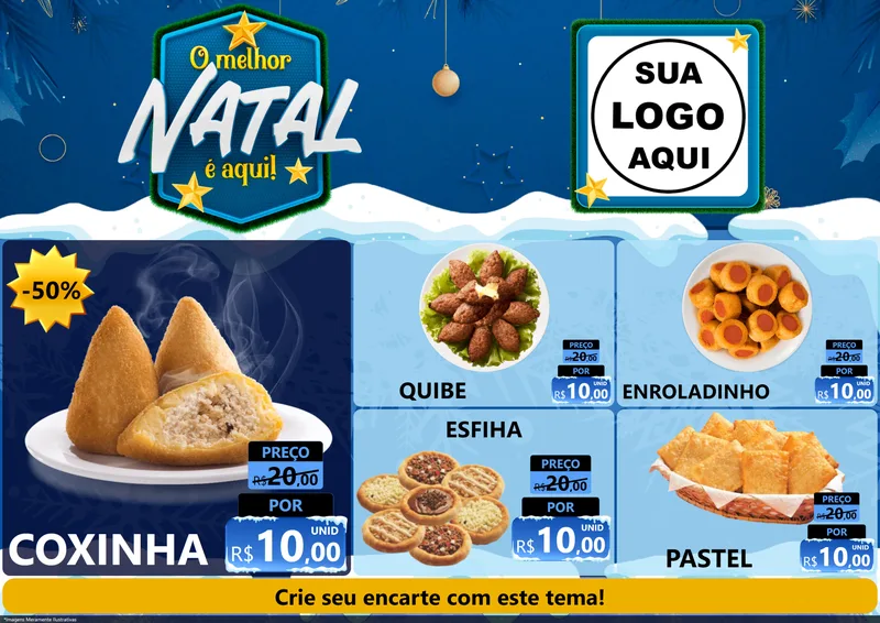 Modelo de Encarte para Encarte A4 Horizontal com o tema O Melhor Natal É Aqui! para Salgadaria