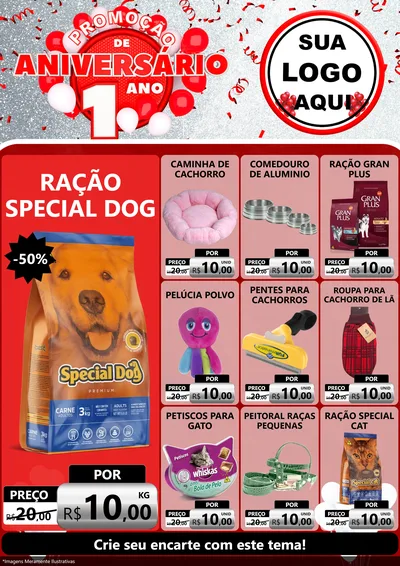 Modelo de Encarte para Encarte A4 Vertical com o tema Promoção de Aniversário - 1 Ano para Pet Shop
