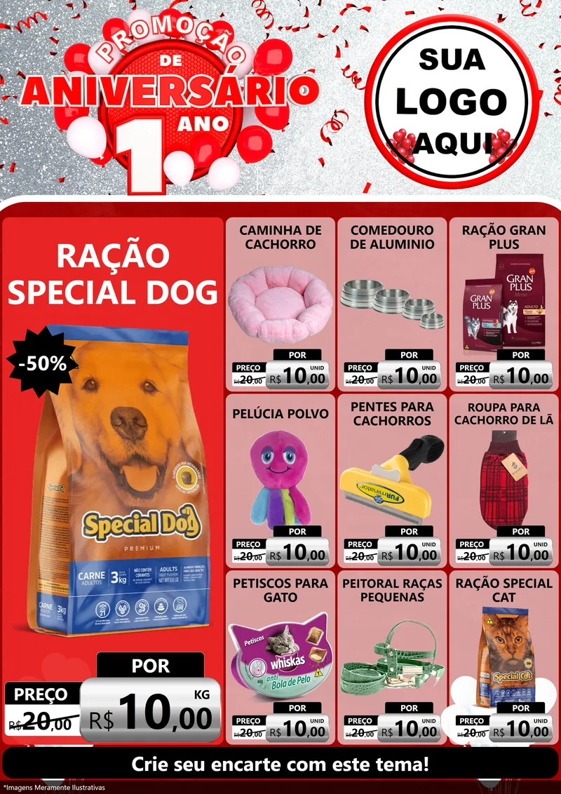 Modelo de Encarte para Encarte A4 Vertical com o tema Promoção de Aniversário - 1 Ano para Pet Shop