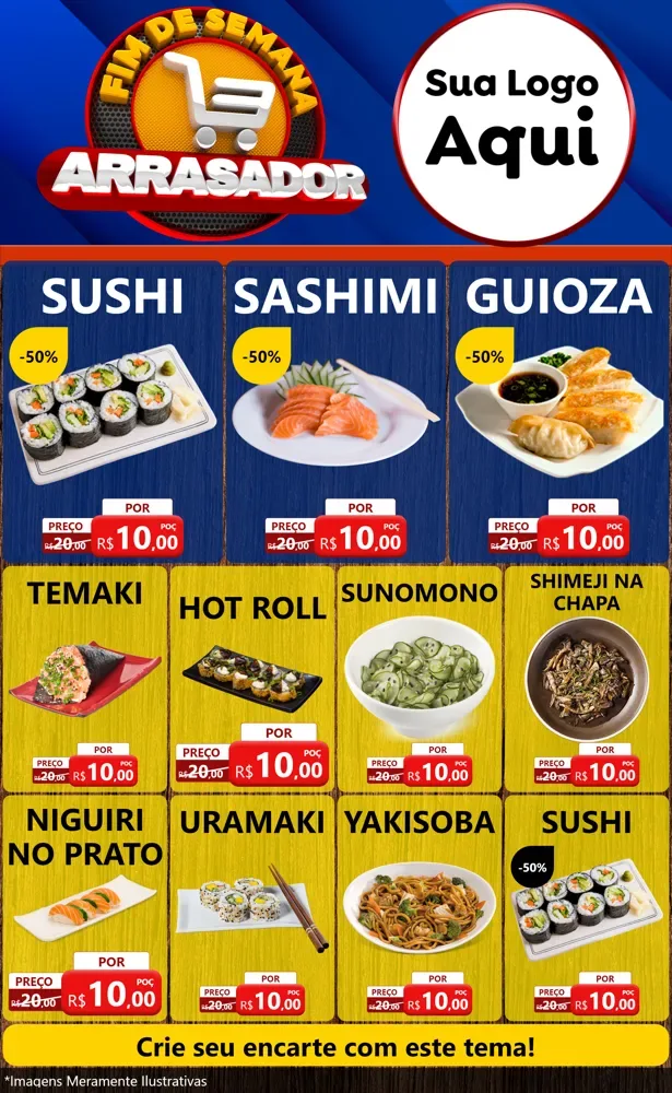 Modelo de Encarte para Encarte Grande com o tema Fim De Semana Arrasador para Comida japonesa
