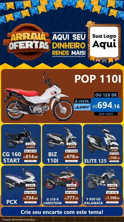Modelo de Rede Social para Stories com o tema Arraiá de Ofertas - Junina para Concessionaria de Motos