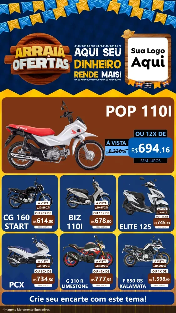 Modelo de Rede Social para Stories com o tema Arraiá de Ofertas - Junina para Concessionaria de Motos