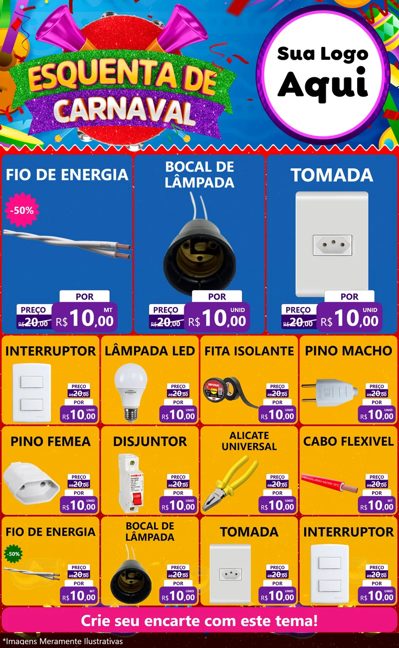 Modelo de Encarte para Encarte Grande com o tema Esquenta de Carnaval para Materiais Elétricos