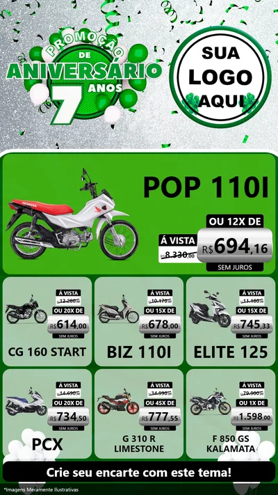 Modelo de Rede Social para Stories com o tema Promoção de Aniversário - 7 Anos para Concessionaria de Motos