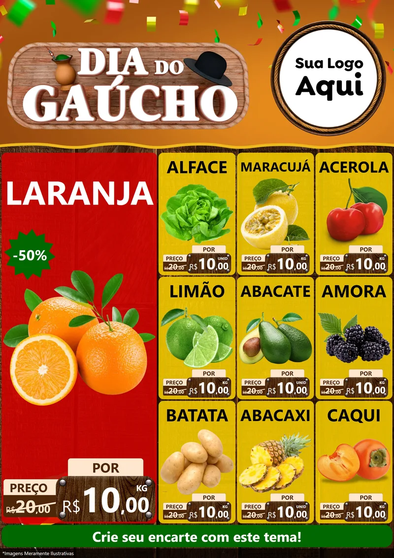 Modelo de Encarte para Encarte A4 Vertical com o tema Dia do Gaúcho para Hortifrúti