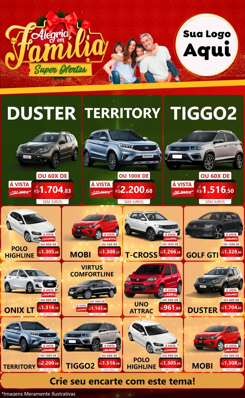 Modelo de Encarte para Encarte Grande com o tema Alegria em Família Super Ofertas - Natal para Concessionaria de Carros