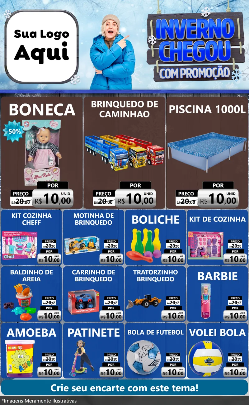 Modelo de Encarte para Encarte Grande com o tema Inverno Chegou Com Promoção para Brinquedos