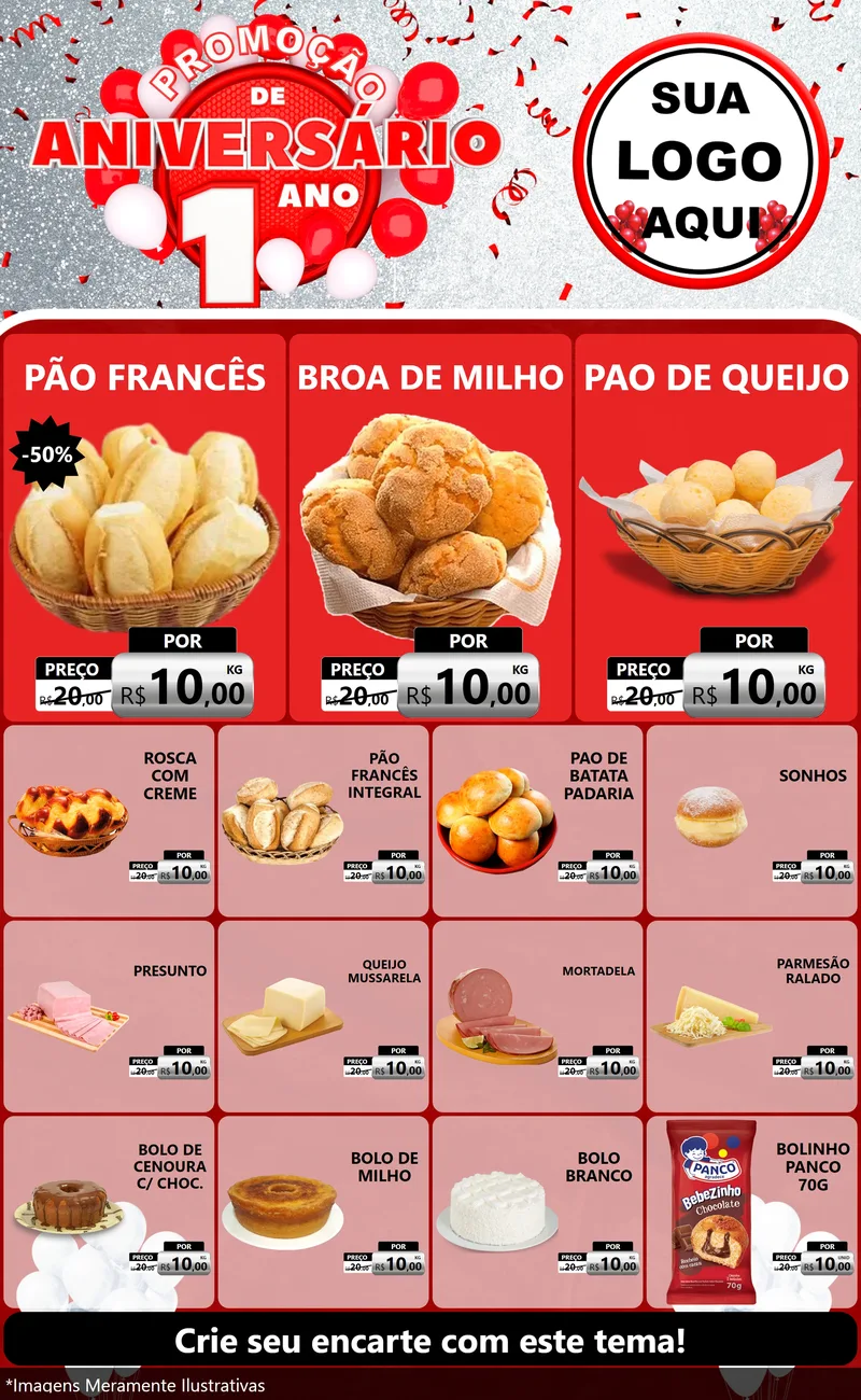 Modelo de Encarte para Encarte Grande com o tema Promoção de Aniversário - 1 Ano para Padaria