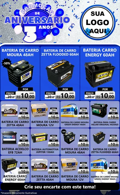 Modelo de Encarte para Encarte Grande com o tema Promoção de Aniversário - 3 Anos para Baterias Elétricas