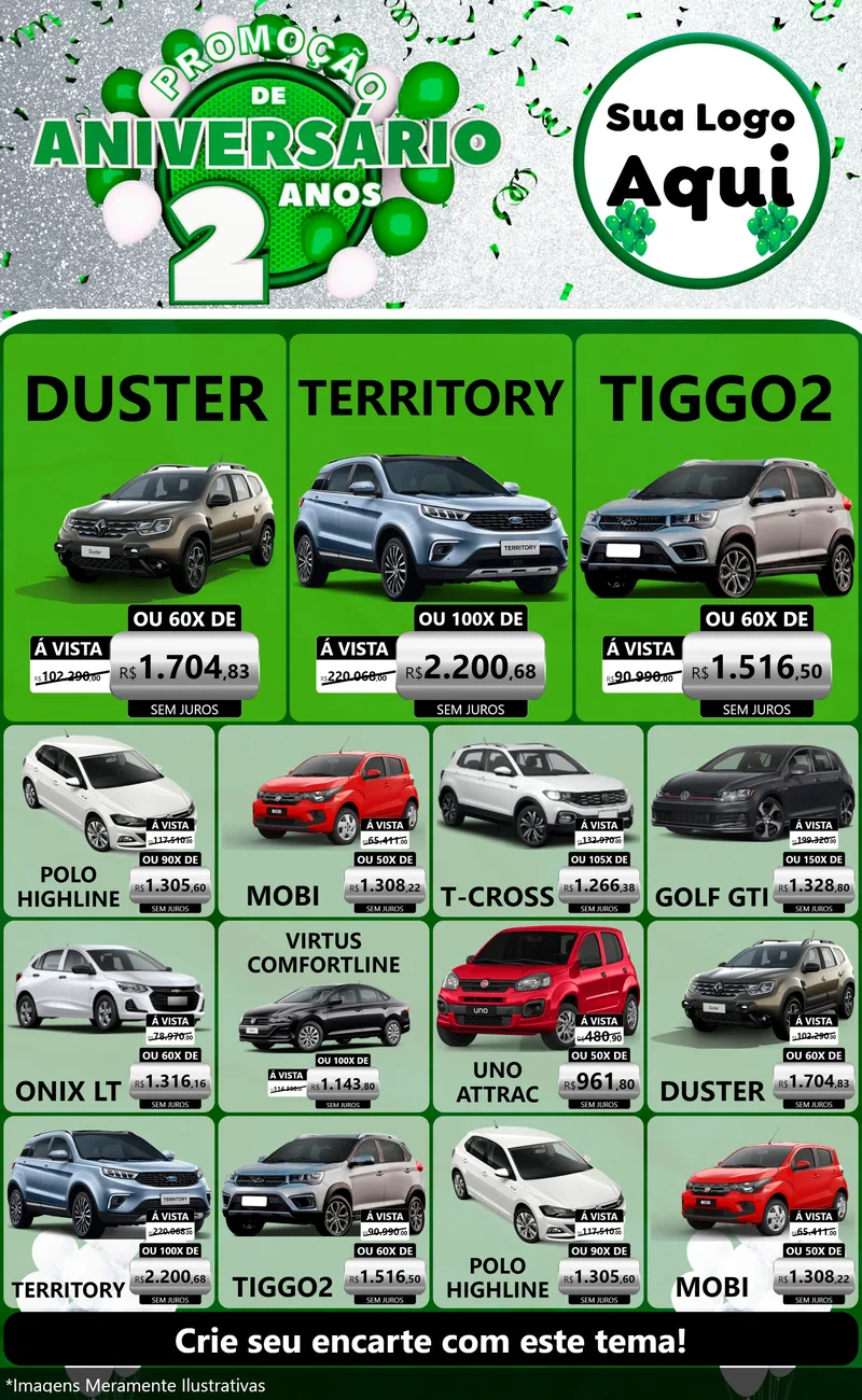 Modelo de Encarte para Encarte Grande com o tema Promoção de Aniversário - 2 Anos para Concessionaria de Carros