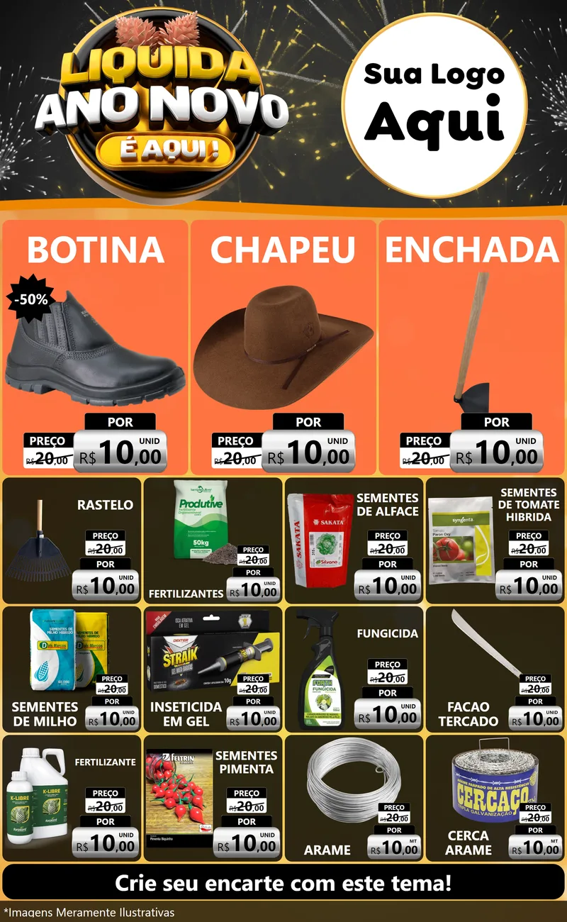 Modelo de Encarte para Encarte Grande com o tema Liquida Ano Novo É Aqui! para Agropecuária