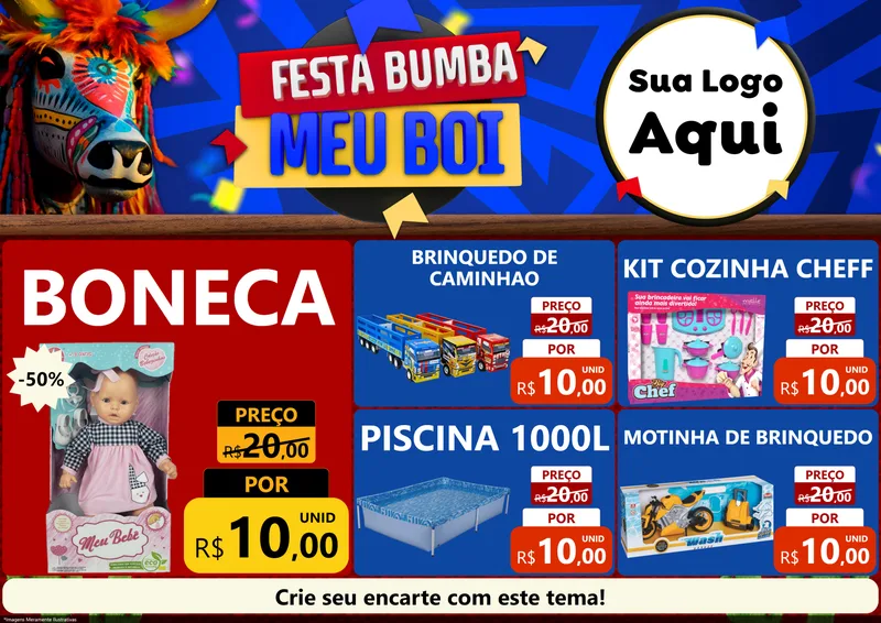 Modelo de Encarte para Encarte A4 Horizontal com o tema Festa Bumba meu Boi para Brinquedos