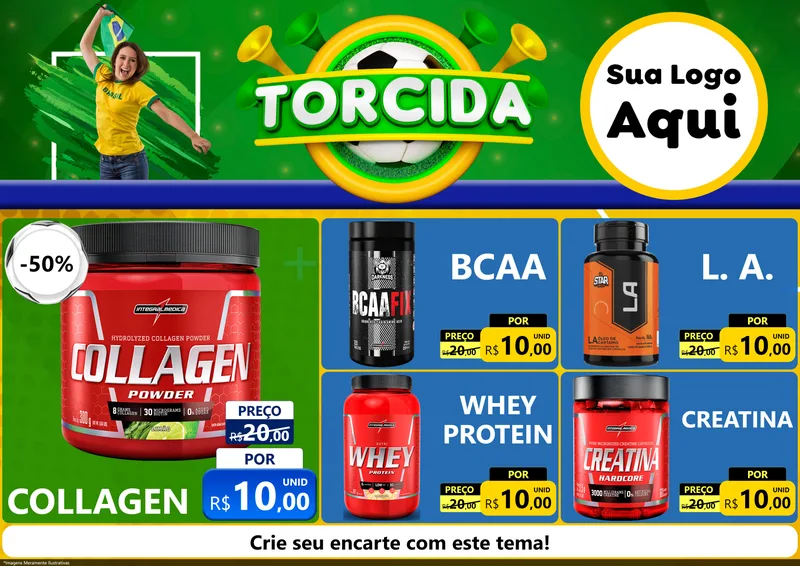 Modelo de Encarte para Encarte A4 Horizontal com o tema Torcida para Suplementos alimentares