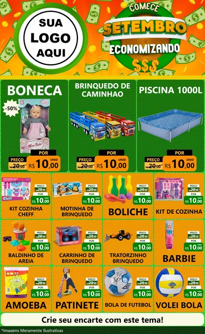 Modelo de Encarte para Encarte Grande com o tema Comece Setembro Economizando para Brinquedos