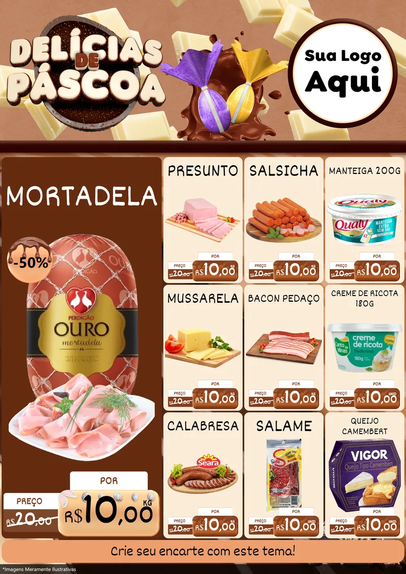 Modelo de Encarte para Encarte A4 Vertical com o tema Delícias de Páscoa para Frios e Laticínios