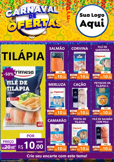 Modelo de Encarte para Encarte A4 Vertical com o tema Carnaval de Ofertas para Peixaria
