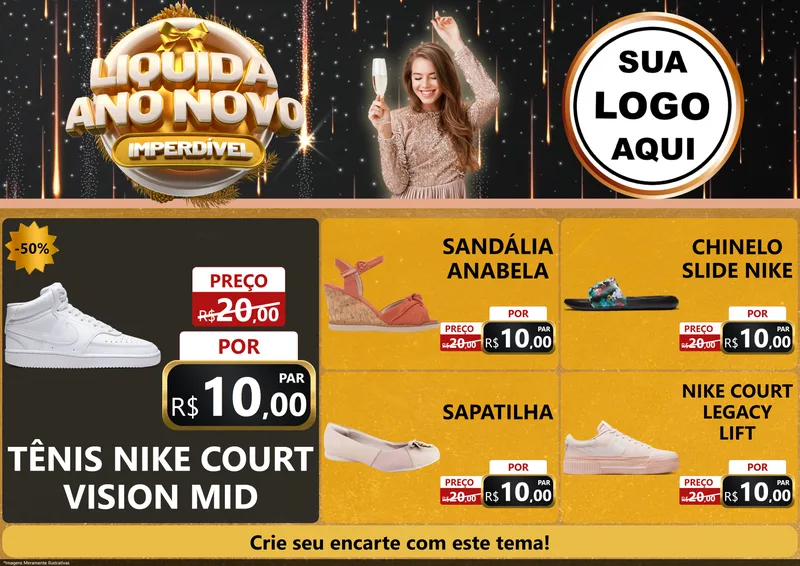 Modelo de Encarte para Encarte A4 Horizontal com o tema Liquida Ano Novo Imperdível para Calçados
